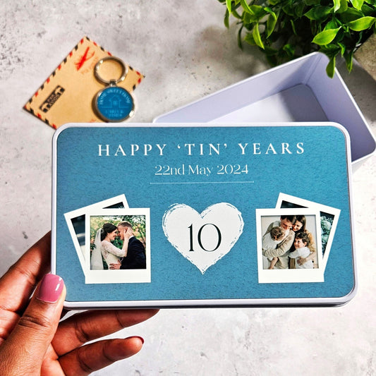 10th Anniversary Gift for Wife, Personalised Photo Tin Anniversary Gift, 10 Year Wedding Anniversary Keepsake, Tenth Anniversary Gift for Her, Tin Gift for 10 Years of Marriage