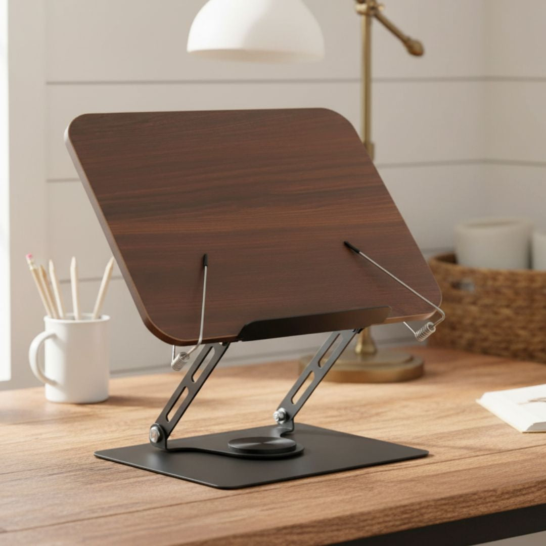 Adjustable Desktop Reading Stand with 360° Rotating Base – Wooden & Aluminium Book, Tablet & Cookbook Stand