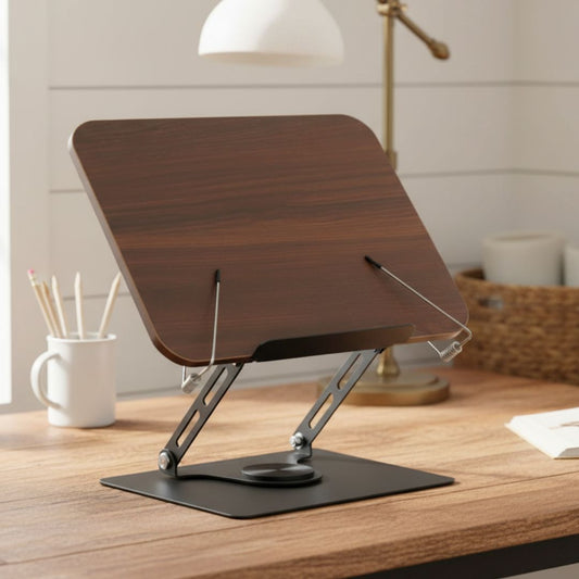 Adjustable Desktop Reading Stand with 360° Rotating Base – Wooden & Aluminium Book, Tablet & Cookbook Stand