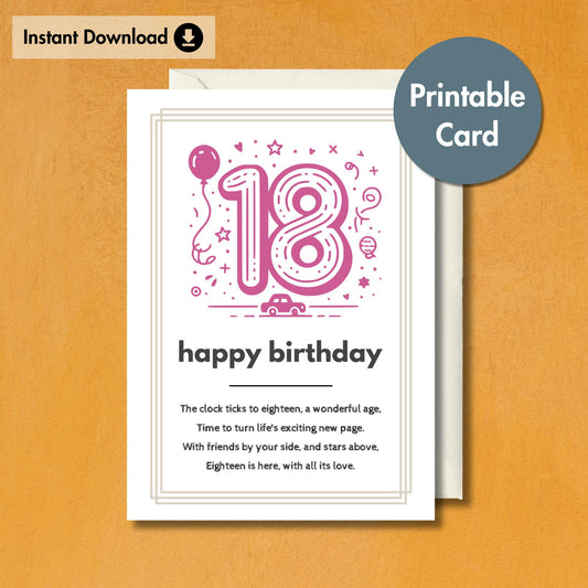 18th Birthday Card with Unique Poem Message | Printable Birthday Wishes Card
