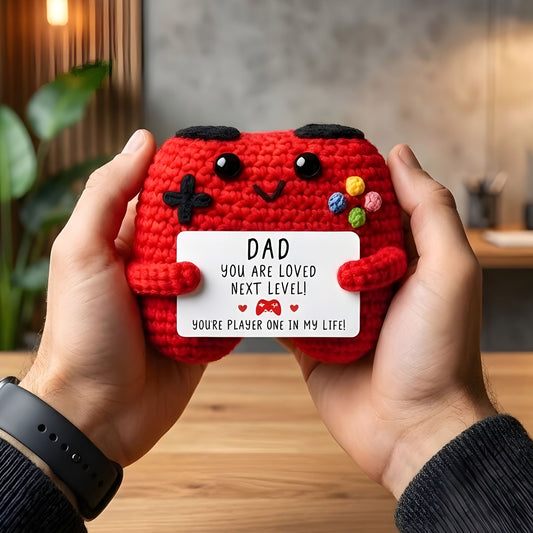 Crochet Dad Game Controller – Handmade Knitted Gaming Gift with Card