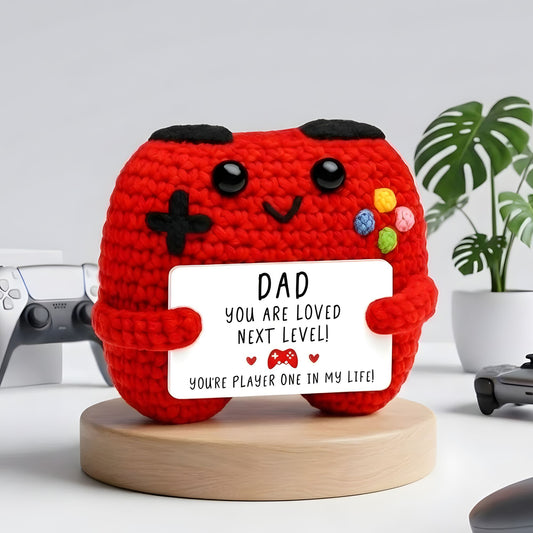 Crochet Dad Game Controller – Handmade Knitted Gaming Gift with Card