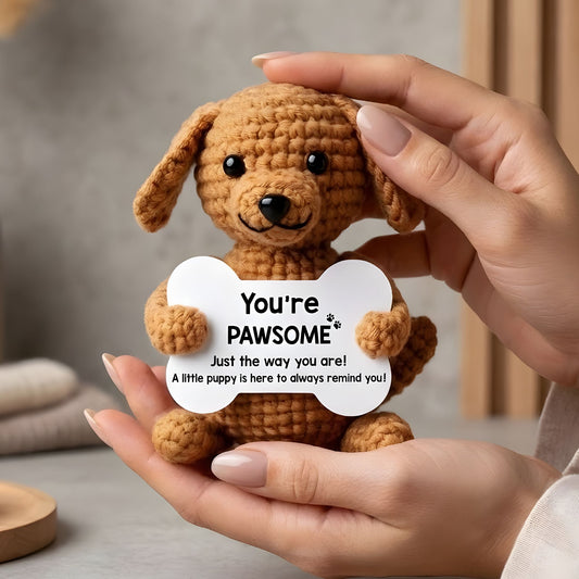 Crochet Positive Energy Dog Doll – Handmade Knitted Puppy Gift with Card