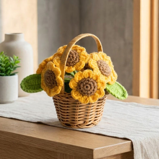 Crochet Sunflower Basket – Hand-Knitted Potted Sunflower Table Decor