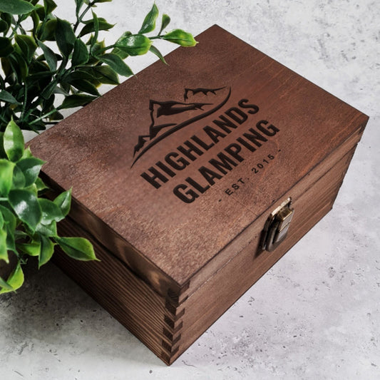 Custom Logo Branded Wooden Box for Glamping Businesses - 6 Sizes Small to XLarge