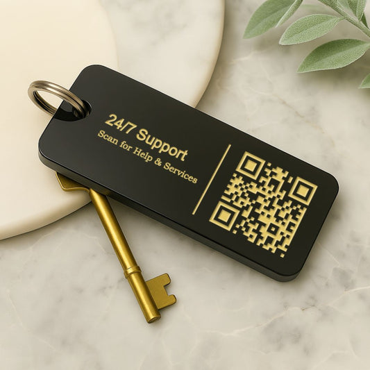 Engraved QR Keyrings for Hospitality – 3 Sizes Small to Large