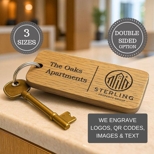 Custom Wooden Keyrings for Airbnb, Hotels & Property Management | Engraved Solid Oak with Logo, Text & QR Code