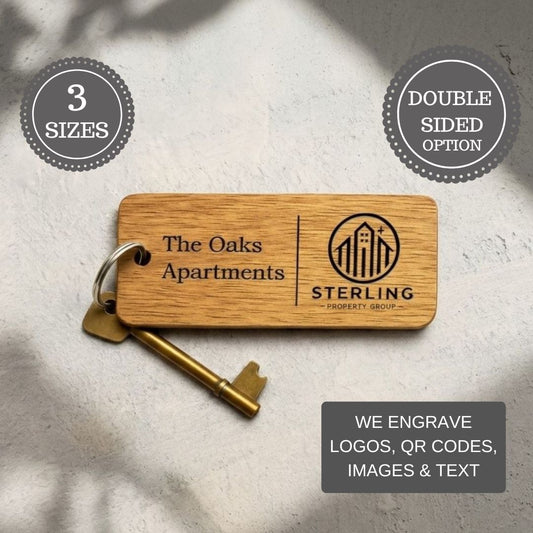 Custom Wooden Keyrings for Airbnb, Hotels & Property Management | Engraved Solid Oak with Logo, Text & QR Code