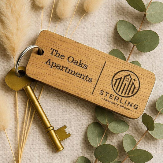 Custom Wooden Keyrings for Airbnb, Hotels & Property Management | Engraved Solid Oak with Logo, Text & QR Code