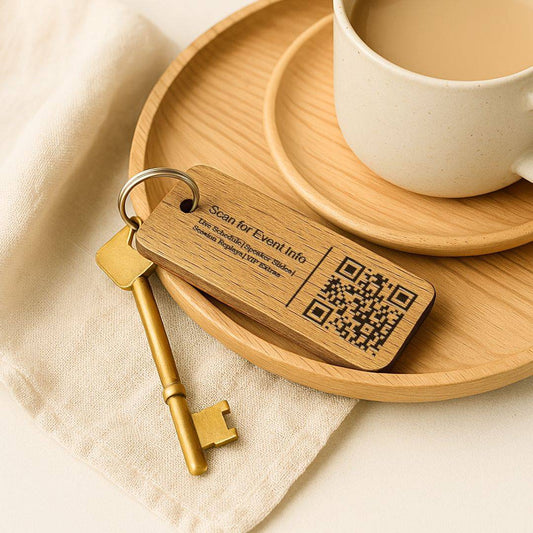 Custom Wooden Keyrings for Events, Conferences & Seminars | Engraved with Logo, QR Code or Event Info