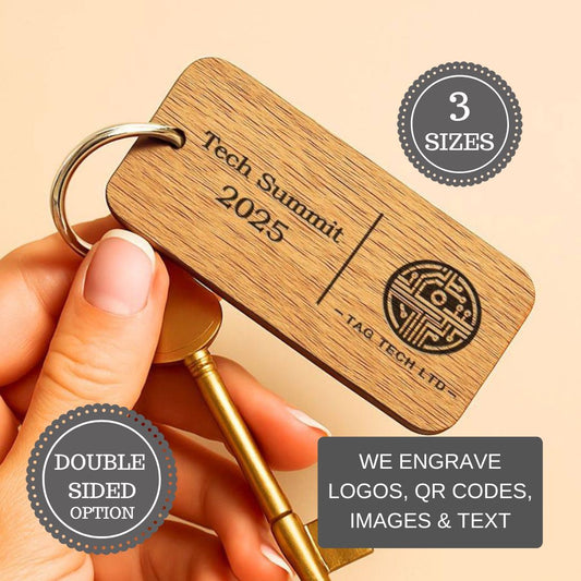 Custom Wooden Keyrings for Events, Conferences & Seminars | Engraved with Logo, QR Code or Event Info
