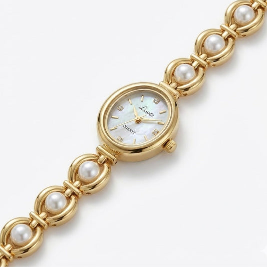 Elegant Pearl Strap Ladies Watch – Vintage Oval Quartz Wristwatch for Women