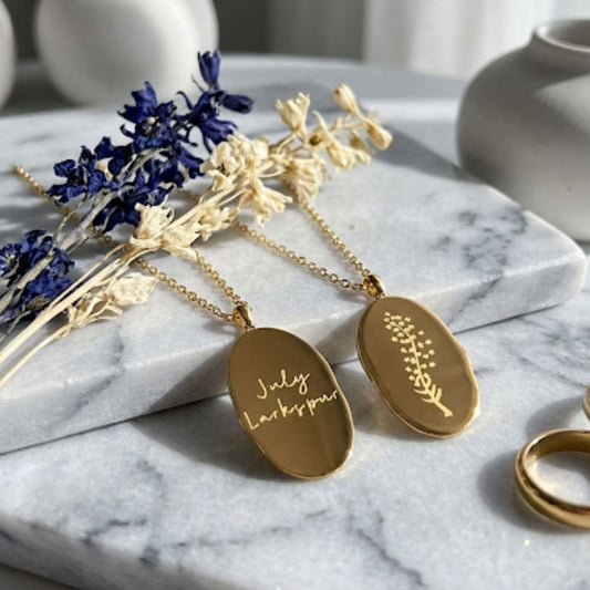 Engraved Birth Flower Pendant Necklace