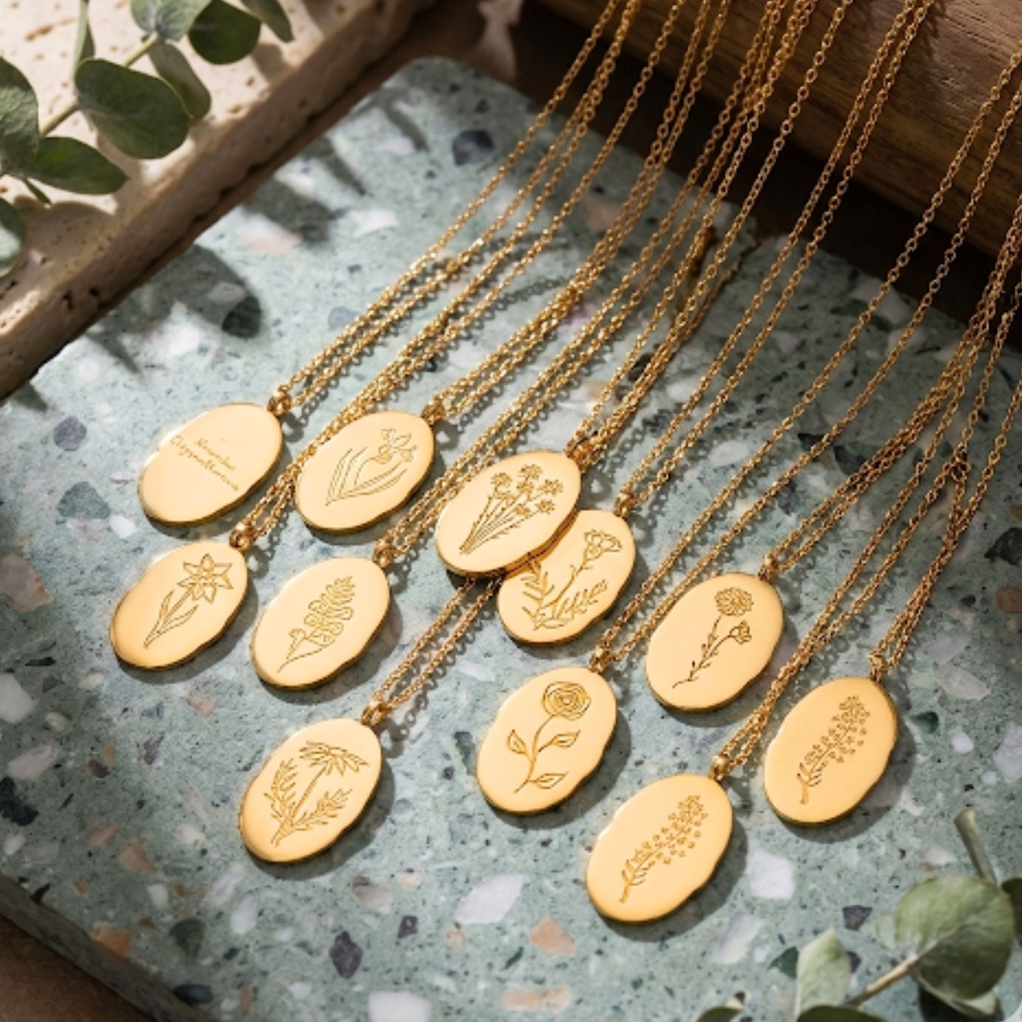 Engraved Birth Flower Pendant Necklace