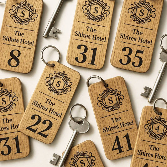 Engraved Hotel Guesthouse Keyring I Personalised Oak Keychain I Branded Business Logo Keyring