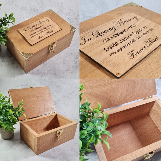 Engraved Memorial Keepsake Box - Solid Oak Personalised Memory Box