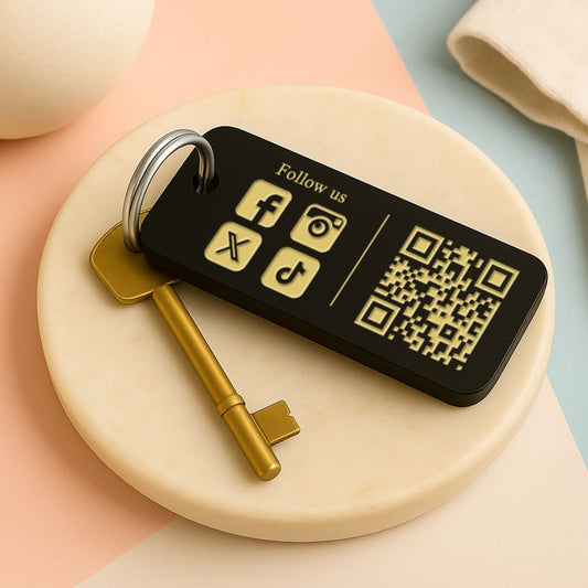Engraved QR Keyrings for Hospitality – 3 Sizes Small to Large