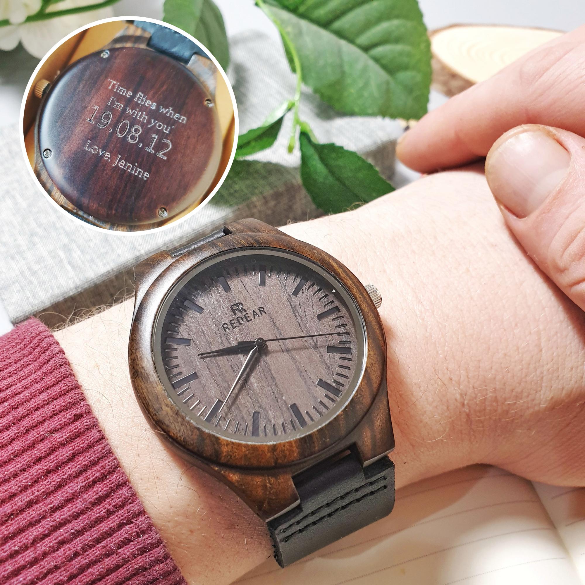 Engraved Wooden Watch With Leather Strap I Personalised Gift for Him