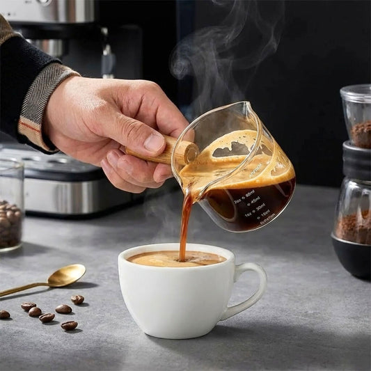 Espresso Coffee Measuring Cup 75ml – Double Spout Glass Milk Jug with Wooden Handle