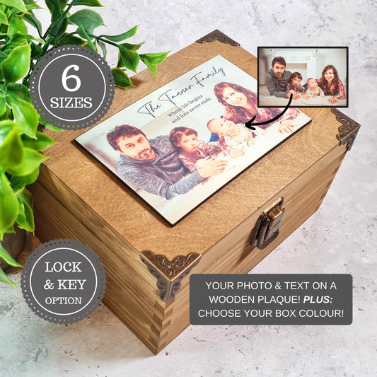 Family Photo Keepsake Box - Family Portrait Gift - Personalised Wooden Memory Box - Birthday Anniversary Gift