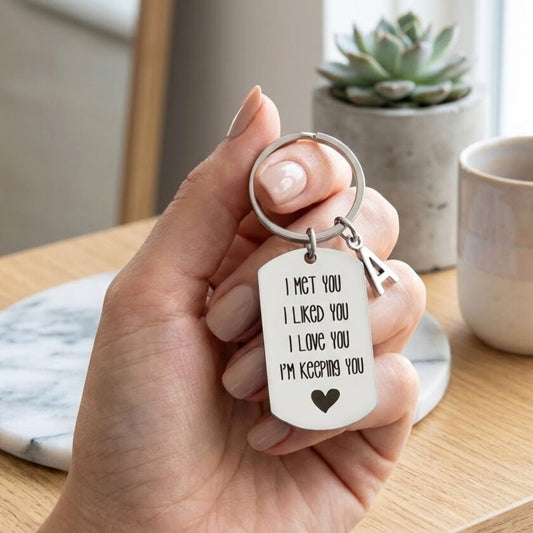 Funny Anniversary Keychain – Personalised Couple Keyring with Initial Charm