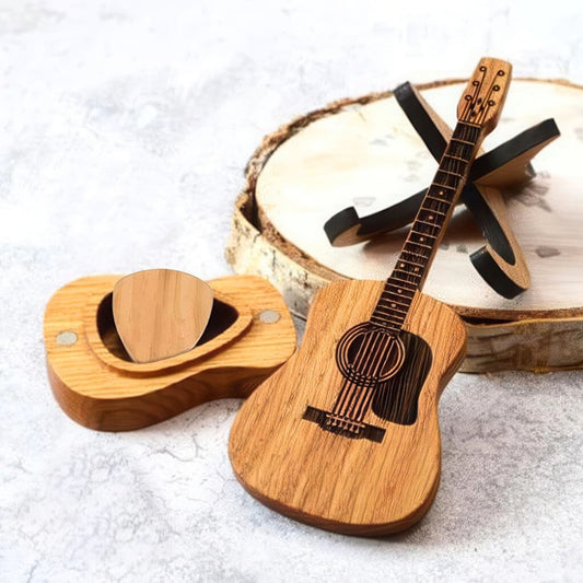 Guitar Pick Holder with Stand & 3 Picks – Wooden Acoustic Guitar Pick Box