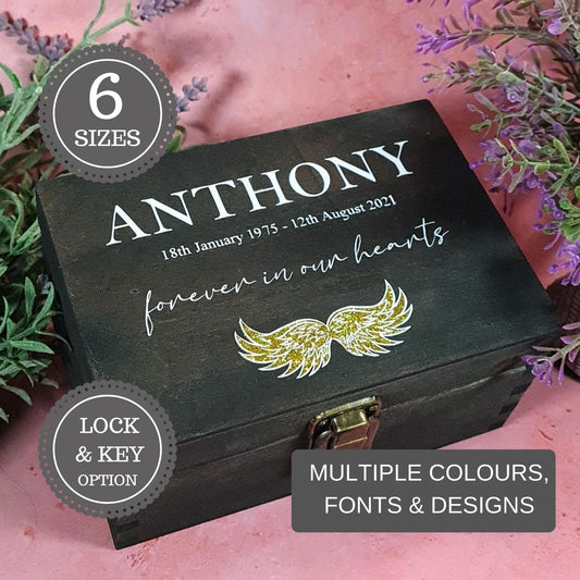 Large Personalised Angel Wings Memorial Box I Bereavement Keepsake Gift