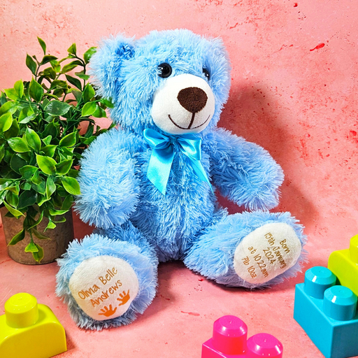 Personalised Baby Teddy Bear With Birth Details - Plush Toy Customised With Name, Birthdate & Weight