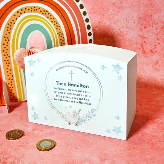 Personalised Children's Christening Money Box - Custom Baptism Treasure Box