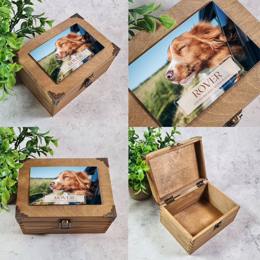 Personalised Dog Ashes Box with Photo, Wooden Memory Box for Dog Keepsakes, Pet Loss Memorial Box, Dog Keepsake Box with Custom Photo Plaque