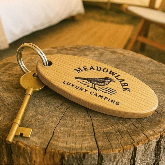 Personalised Glamping Campsite Keyring I Engraved Wooden Guest Keyring I Hotel Guest Room Keychain I Custom Cottage Key Fob