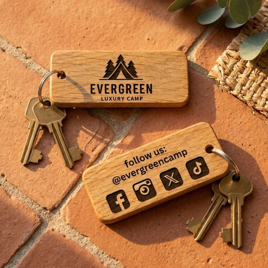 Personalised Glamping Keyring, Wooden Guest Keyring, Engraved Cabin Key Fob for Glamping Site, Glamping Pod Logo Keychain