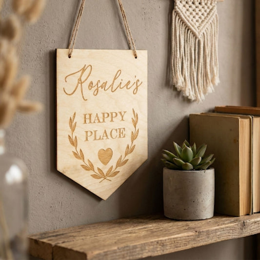 Personalised Happy Place Flag Sign I Wood Laurel Leaf Door Hanging I Well being Gift