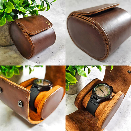 Personalised Leather Roll Watch Box - Gold Monogrammed Luxury Watch Case For Men
