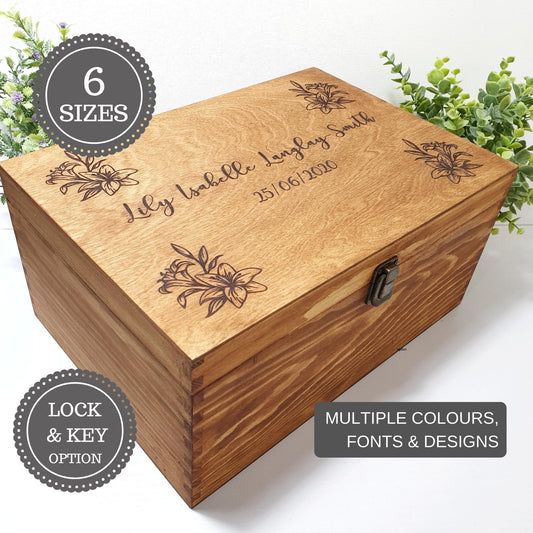 Personalised Lily Flower Baby Keepsake Box I Wooden Memory Box I Gift Idea - 6 Sizes Small to XLarge