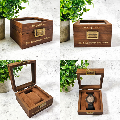 Personalised Luxury Watch Box - Walnut Wood - Clear Window Display Lid