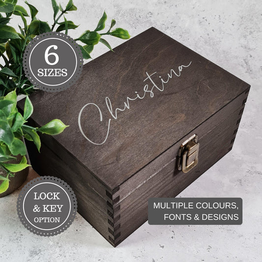Personalised Memory Box With Lock, Wooden Keepsake Box - 6 Sizes Small to Large | Birthday, Wedding, Anniversary Gift