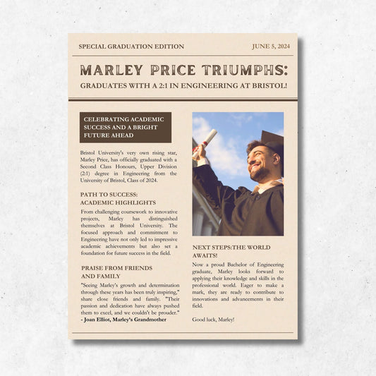 Personalised Metal Graduation Announcement Newspaper Print