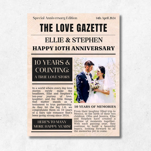 Personalised Metal Wedding Anniversary Newspaper Print
