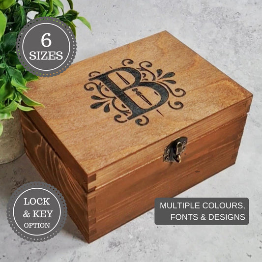 Personalised Monogram Initial Keepsake Box, Engraved Wooden Memory Box, Luxury Keepsake Gift, Small & Large Wooden Boxes with Lock, Custom Monogrammed Gift