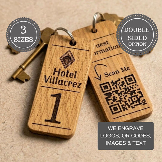 Personalised QR Code Wooden Keyring, Hotel QR Code Keyring, Custom Holiday Let Key Fob, Airbnb Guest Keyring, Engraved Business Keychain