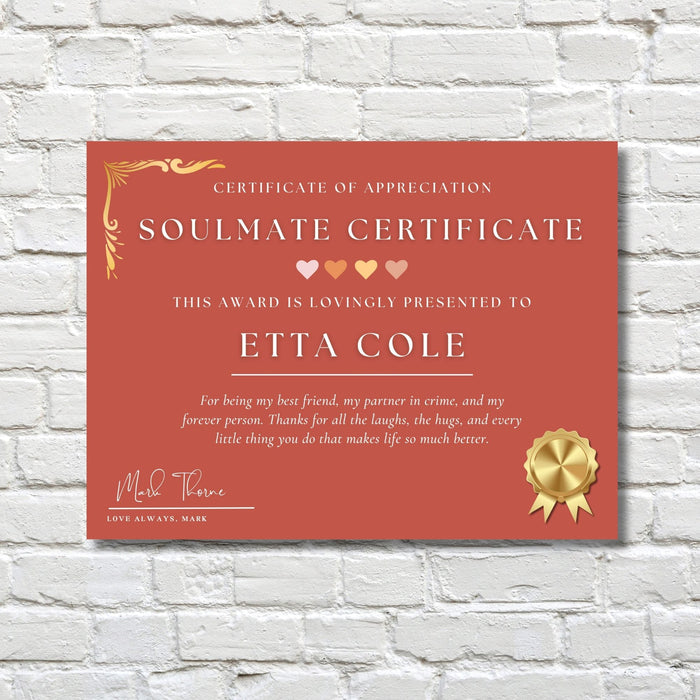 Personalised Soulmate Anniversary Metal Certificate Gift