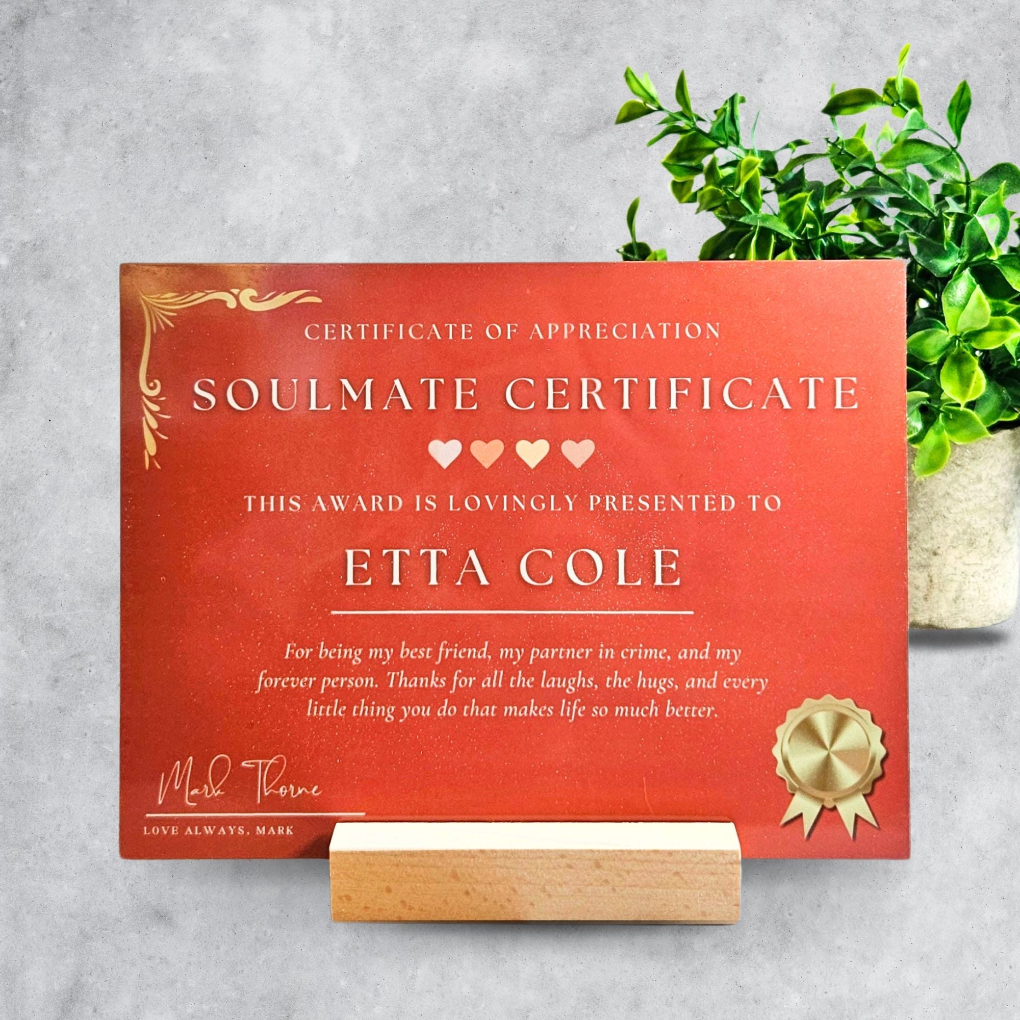 Personalised Soulmate Anniversary Metal Certificate Gift
