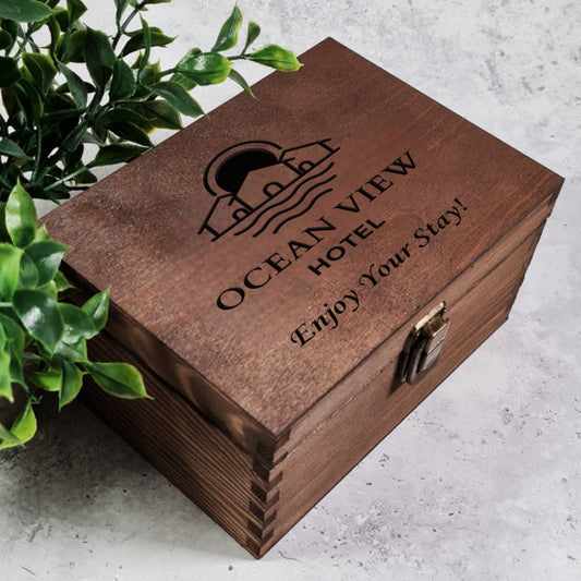 Personalised Wooden Hotel Guest Welcome Box- 6 Sizes Small to XLarge