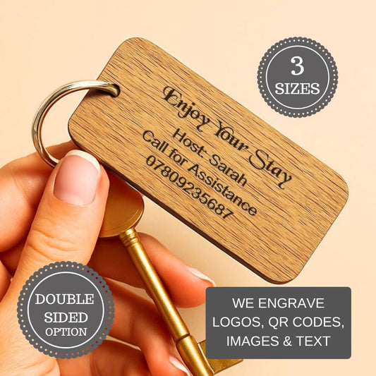 Personalised Wooden Keyrings for Airbnb Hosts | Add Guest Info, Host Contact & QR Codes