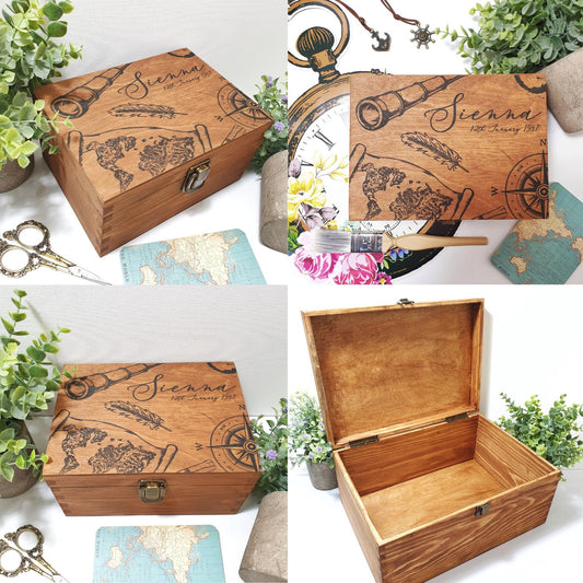 Personalised Wooden Treasure Keepsake Box I Vintage Style Memory Box I Travel Box