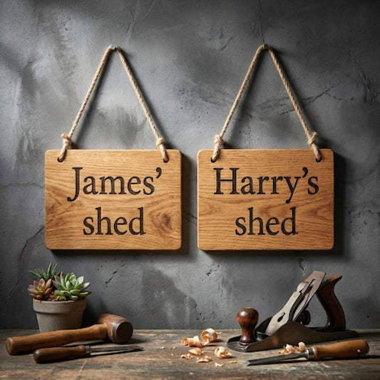 Personalised oak wood shed sign