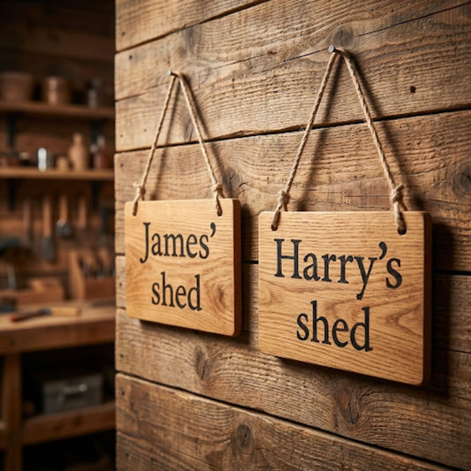 Personalised oak wood shed sign