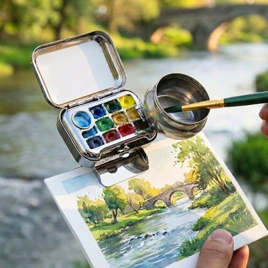 Portable Watercolour Paint Set with Clip & Mini Water Bottle – 10 Grid Travel Paint Box
