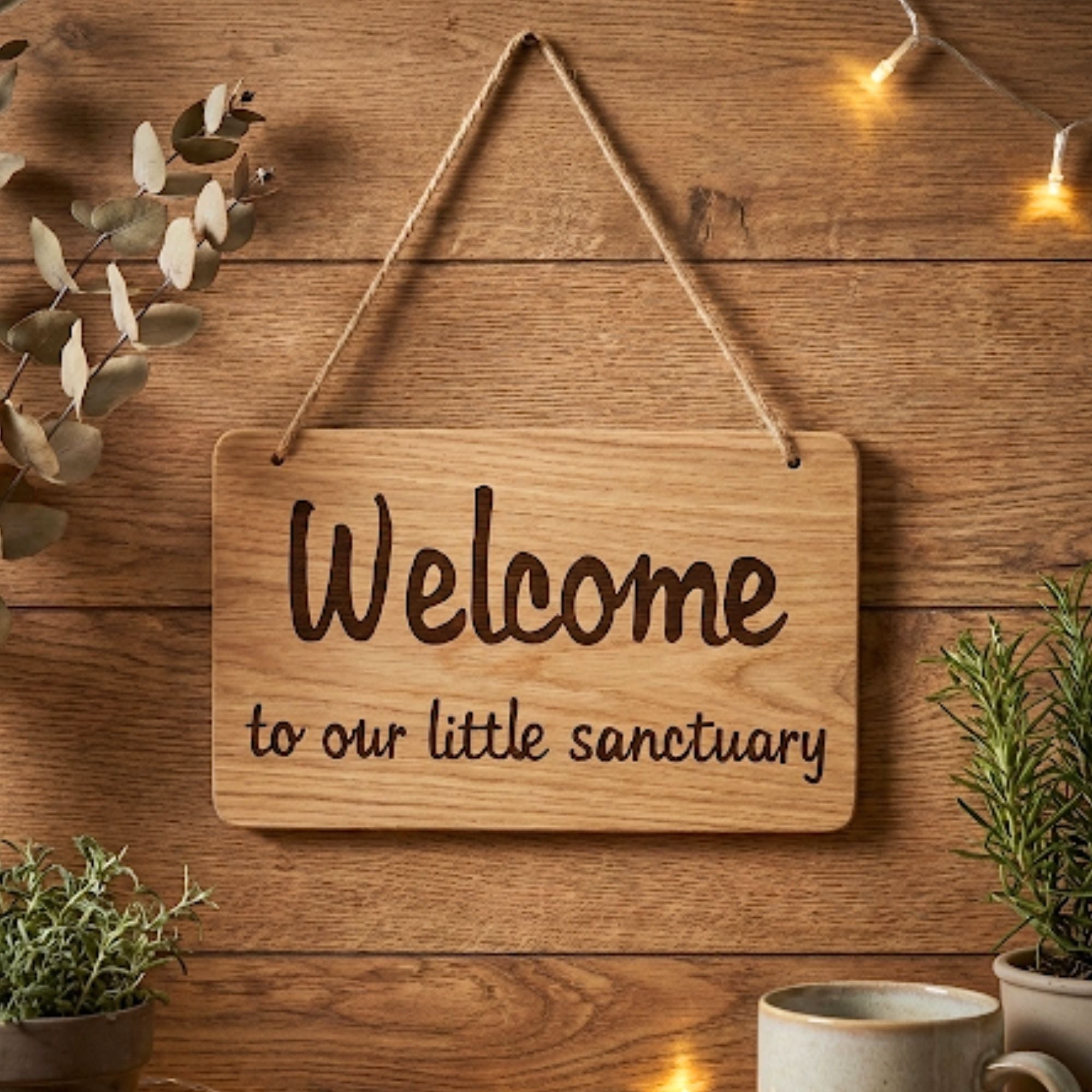 Welcome to our sanctuary oak wood sign